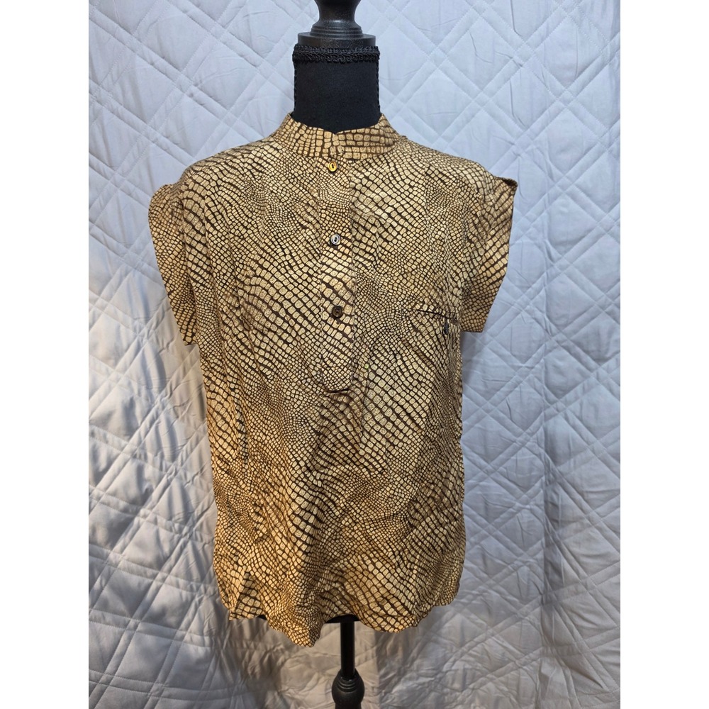 Castioni Italy Silk Blouse Brown Snakeskin Animal Print Mock Neck Sleeveless 40